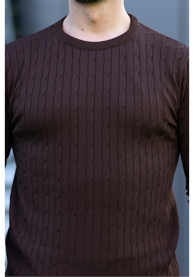 Hk Premium Triko Kazak Fitilli Slim Fit Bisiklet Yaka Likralı Kışlık Sweatshirt Kahverengi Hk Premium Triko Kazak Fitilli Slim Fit Bisiklet Yaka Likralı Kışlık Sweatshirt Kahverengi
