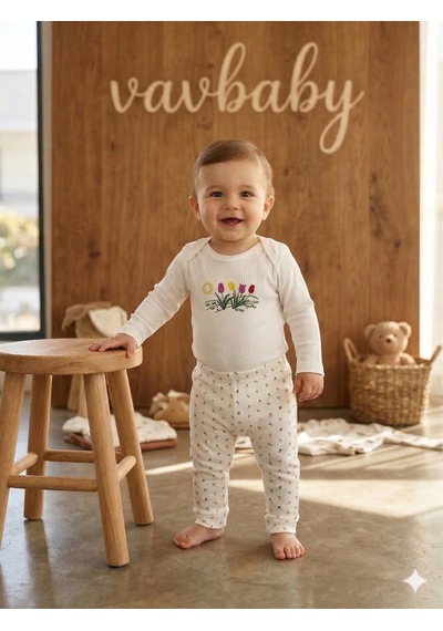 Vavbaby 2li Desenli %100 Pamuklu Kız Bebek Body Pantolon Takım-lale Krem