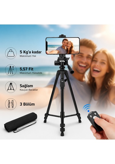 Profesyonel Kamera Ve Telefon Tripodu 155 Cm Bluetooth Kumandalı Su Terazili 3 Yollu Kafa Fotoğraf Video Çekim Tripodu 155cm