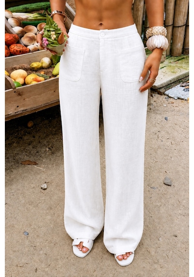 Tarz Cool Kadın Wide Leg Pantolon Ön Cep Detaylı Rahat Kalıp Günlük Pantolon Beyaz