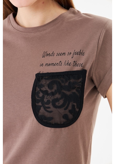 Sortie Collection Dantel Cepli Yazı Baskılı Katlama Kollu Tshirt Kahverengi