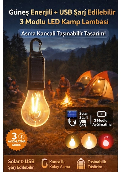 6 Adet Güneş Enerjili Usb Şarjlı 3 Modlu Led Asma Kancalı Taşınabilir Kamp Feneri Aydınlatma Lambası Çok Renkli