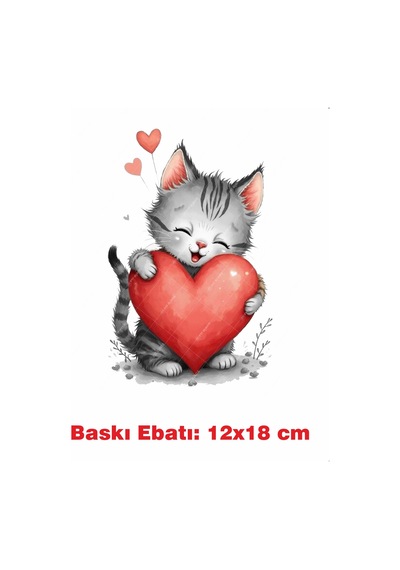 Sevimli Kedi Ve Kalp Ütü İle Yapışan Tekstil Kumaş Tişört Dtf Baskı 3471