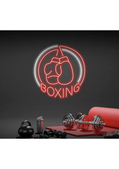Boxıng Yazılı Ve Boks Eldiveni Figürlü Neon Tabela Kırmızı