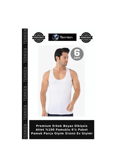 Terrien Premium Erkek Beyaz Dikişsiz Atlet %100 Pamuklu 6'lı Paket Pamuk Parça Giyim Ürünü Ev Giyimi Beyaz-6