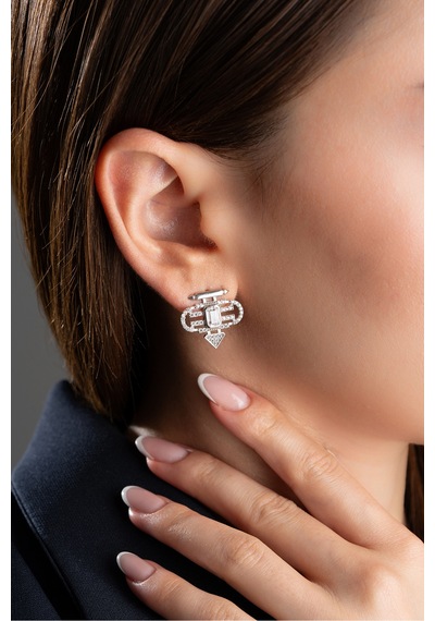 Çekirdekjewelry 925 Ayar Gümüş Baget Taşlı Küpe Gri