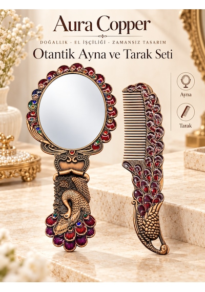Aura Copper Tavus Kuşu Motifli Mineli El Aynası Ve Tarak Seti 2 Parça Ac-at-003-eskitme Bordo