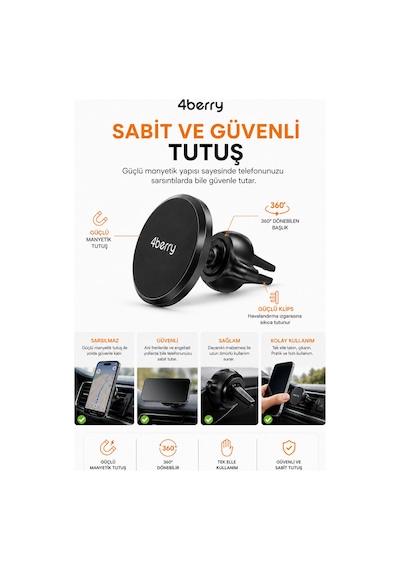 Magsafe Uyumlu Manyetik Araç Telefon Tutucu Havalandırma Izgarası, 360 Döner Başlık