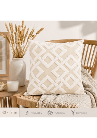 Maze 43x43 Cm Dekoratif Kırlent Kılıfı Geometrik Dokulu Modern Koltuk Yastık Kılıfı Krem