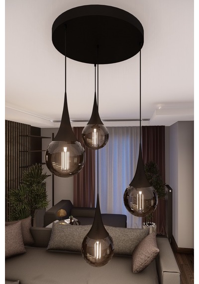 Liora Modern Siyah Metal Avize - Beyaz Cam, 4'lü Sarkıt, E27 Duy