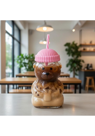 Sevimli Ayıcık Figürlü Borosilikat Cam Bardak 580 Ml - Silikon Kapaklı Ve Pipetli Lüx Barista Soğuk İçecek Bardağı Pembe Açık Ahşap