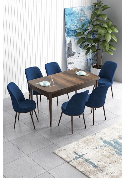 Canisa Han Serisi, Barok Ahşap Desen 70x114, Açılabilir Mdf Mutfak Masa Takımı, 6 Lacivert Sandalye Masa Barok Sandalyeler Lacivert