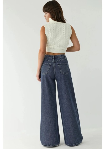 Hiccup Yüksek Bel Geniş Bacaklı Kot Pantolon Koyu Mavi Denim