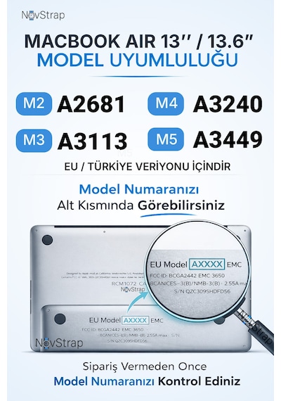 Novstrap Apple Uyumlu Macbook Air 13 13.6 M2 M3 M4 M5 A2681 A3113 A3240 A3449 İle  Türkçe Şeffaf Klavye Koruyucu Kılıf Şeffaf