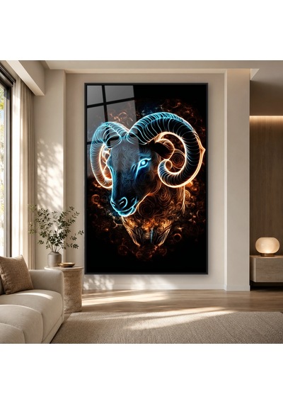 Neon Hatlı Koç Başı Siyah Çerçeveli Cam Tablo