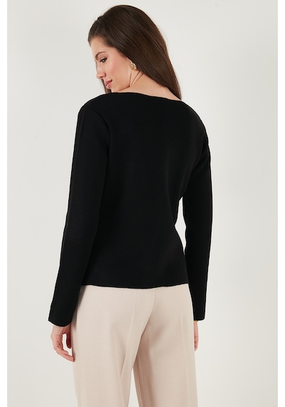 Lela Premium Regular Fit V Yaka Düğmeli Triko Bayan Hırka 680Hi00121 Siyah