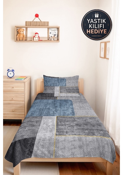 Mavi Gri Geometrik Genç Odası Tek Kişilik Pike Takımı-modern Çizgili 160x220cm Kapitone Yatak Örtüsü Masalsı Patika Tadı