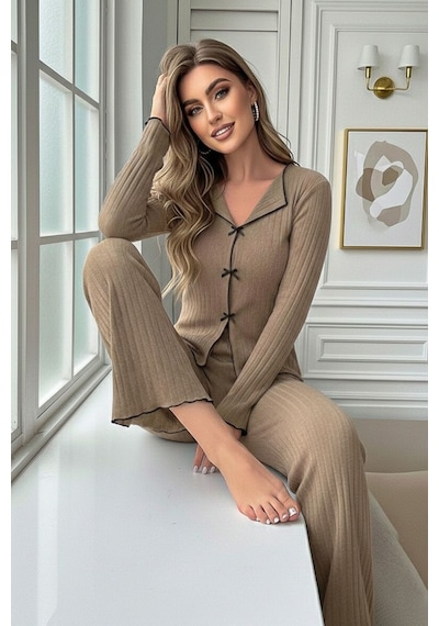 Bella Notte Bej Fiyonk Detaylı Uzun Kollu Pijama Takımı