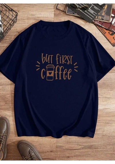 Kozia Outdoors But First Coffee Baskılı Overize Basic O Yaka T-shirt Lacivert