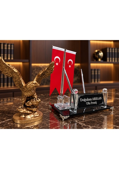 Velora 3 Parça Kristal Ofis Seti Kişiye Özel İsimlik Türk Bayraklı Gold Kartal Gold - Siyah