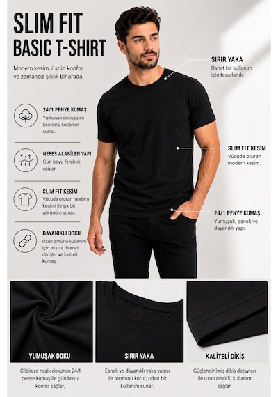 Luxıc Core Erkek Slim Fit Siyah Bisiklet Yaka Pamuk Penye Günlük Rahat Basic Tişört