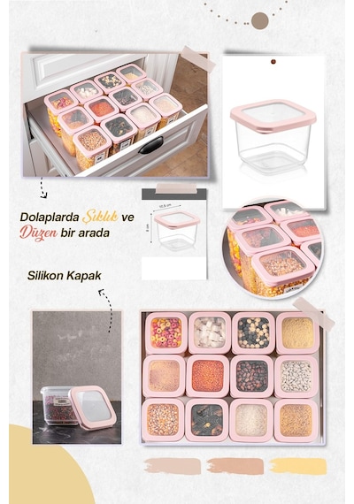 Meleni Home Rosie Küçük Boy Silikon Kapaklı Kare Erzak Saklama Kabı Seti 12'li 12 x 500 ML Pembe