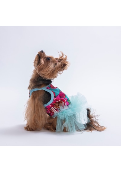 Green Wildflowers Yeşil Çiçek Desenli Kedi Köpek Elbisesi - Kedi Köpek Kıyafeti