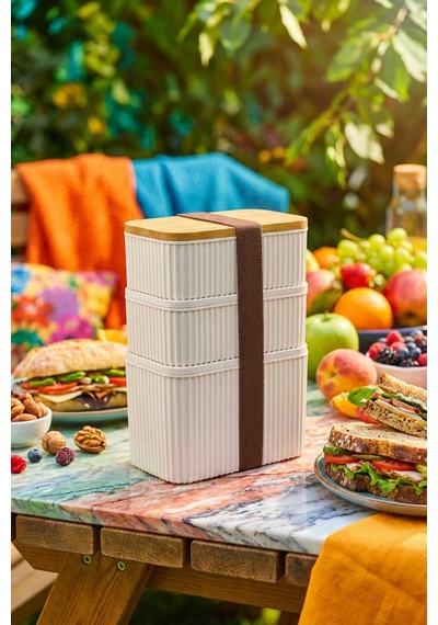 Makri Home 3'lü Bambu Kapaklı Saklama Kabı Seti 1l + 0,5l + 0,5l, Üst Üste Yerleştirilebilir, 21 Cm Yükseklik Krem