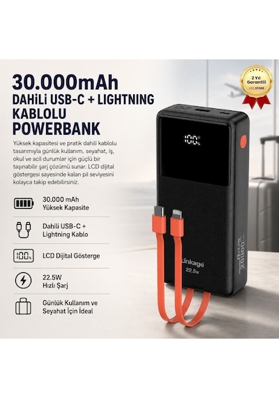 30.000mah Dahili Usb-c + Lightning Kablolu Powerbank Lcd Göstergeli Taşınabilir Hızlı Şarj Cihazı-1666 Siyah