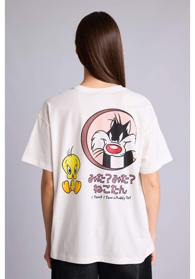 Defacto %100 Pamuk Looney Tunes Oversıze Bisiklet Yaka Sırt Baskılı Kısa Kollu Tişört H4190ax26auwt32 Beyaz-wt32