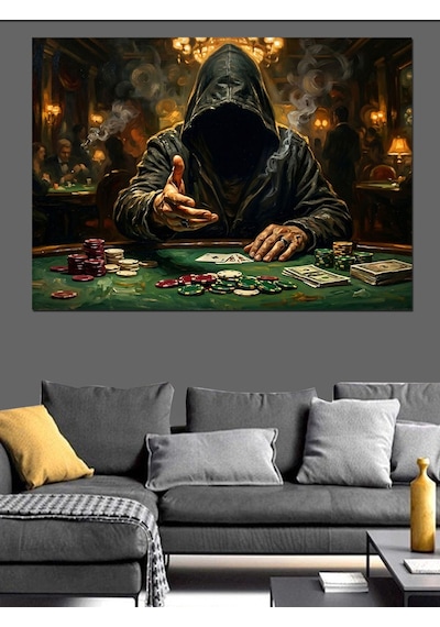 Poker Masasında Gizemli Kumarbaz Figürü Dekoratif Kanvas - Mdf Ahşap Tablo
