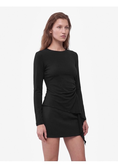 Koton Pamuklu Bisiklet Yaka Uzun Kollu Slim Fit Drapeli Asimetrik Bluz Siyah 7wak80255ek
