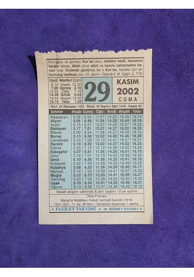 29 Kasım 2002 Takvim Yaprağı - Nostalji Koleksiyonluk Takvim Yaprağı