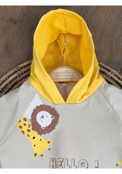 Baby Waka Zürafa&aslan Baskılı Kapüşonlu Erkek Bebek Alt Üst Takım Sari