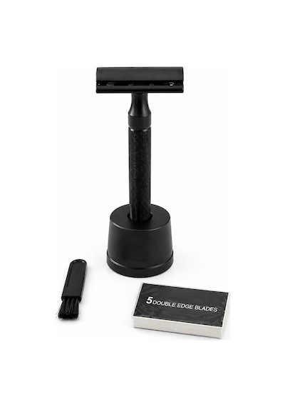 Valkyrie Siyah Metal Tıraş Seti Double Edge Klasik Tıraş Aleti + Yedek Jilet + Fırça + Stand