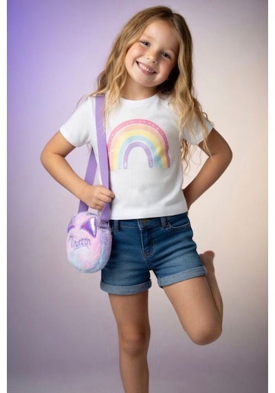 Mollycrush Hediye Kız Çocuk Unicorn Yazı Tasarımlı Peluş Çanta Ayarlanabilir Askılı Renk Geçişli Model Mor