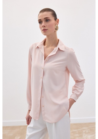 Sateen Düz Klasik Gömlek - Pudra-136120 Pudra