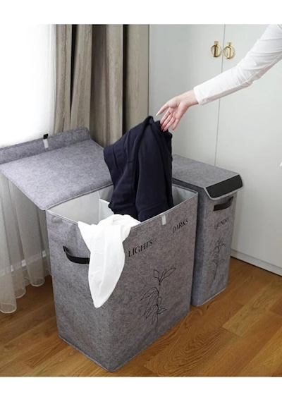 2 Gözlü Kompakt Kapaklı Derili Çamaşır Sepeti -katlanabilir Dayanıklı 100lt 53 X 33 X 60 Cm Gri-beyaz