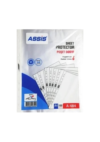 Assis A-484 A4 11 Delikli Şeffaf Poşet Dosya - 2 Paket 200 Adet 100 Adet