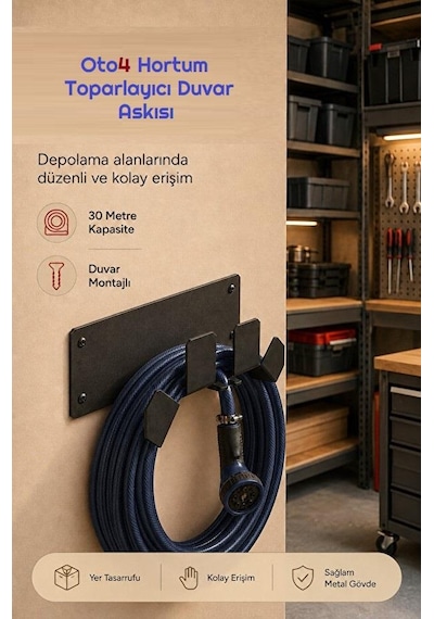 Oto4 Duvar Tipi Hortum Askısı Metal Bahçe Hortumu Tutucu 30 Metre Kapasiteli Dış Mekan Hortum Toparlayıcı Askı