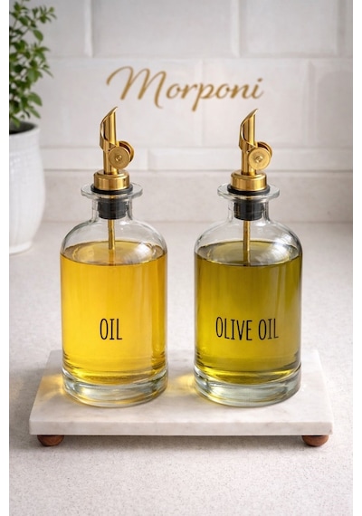 Qerhome Mermer Stantlı 2'li Gold Başlıklı Şeffaf Cam Yağdanlık Seti 500 Ml+500 Ml Oliva Glass Şeffaf