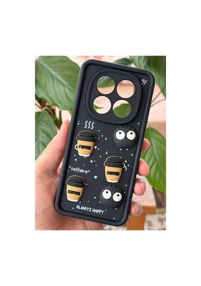 Fibaks Redmi 14c Uyumlu Kılıf Kamera Korumalı Coffee Kurabiye Figürlü Siyah Yumuşak Silikon Kapak