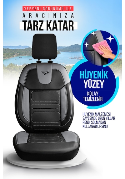Siyah - Gri Garni Panda Rodos Serisi Deri Ortopedik Oto Koltuk Kılıfı - Tam Set