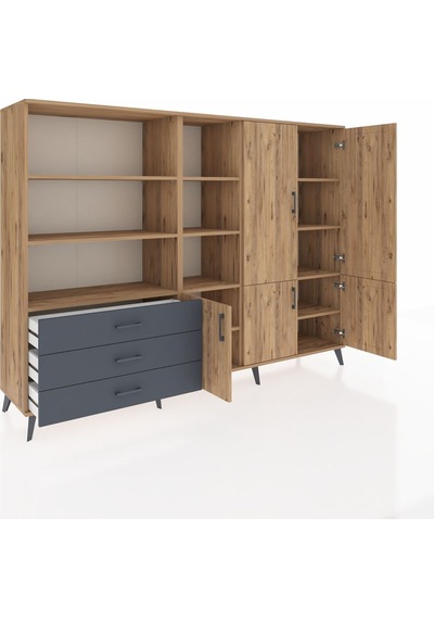 Hyperion Dolap 11 Raflı 3 Çekmeceli 5 Kapaklı 220x44x163 Çam-çam/ Çam-çam/antrasit