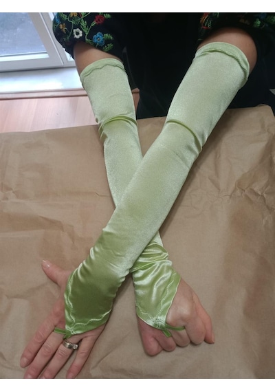 Saten Likralı Dans & Opera Eldiveni - 58 Cm Çağla Yeşili Yeşil