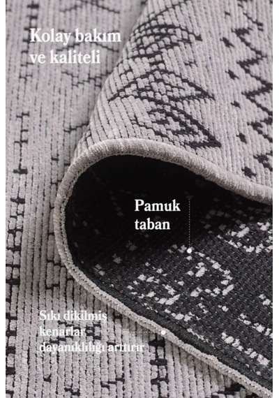Bohem Tarz Dekoratif Pamuk Taban Şönil Kilim Gri Renk Halı