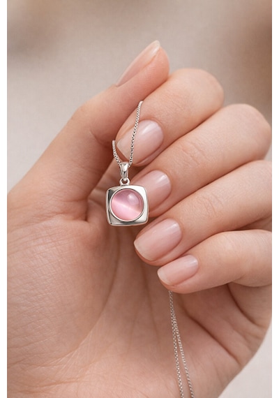 Pembe Kedi Gözü Taşlı Kare Form Gümüş Renk Kolye Çok Renkli