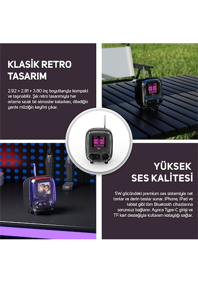 Divoom Tiivoo-2 Fm Radyolu Mini Bluetooth Hoparlör, Kablosuz Piksel Ekranlı Retro Taşınabilir Ses Bo