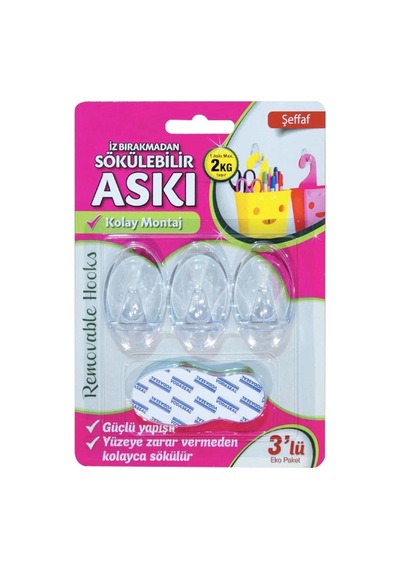 Yapışkanlı Banyo Lavabo Mutfak Askılık Şeffaf Plastik Sağlam Asma İz Bırakmayan Askı 3 Adetli Set Çok Renkli