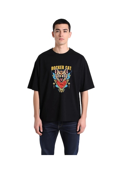 Paybuy Erkek Oversize Müzik Baskılı Tişört Rocker Kedi Grafik Desen Raha Siyah